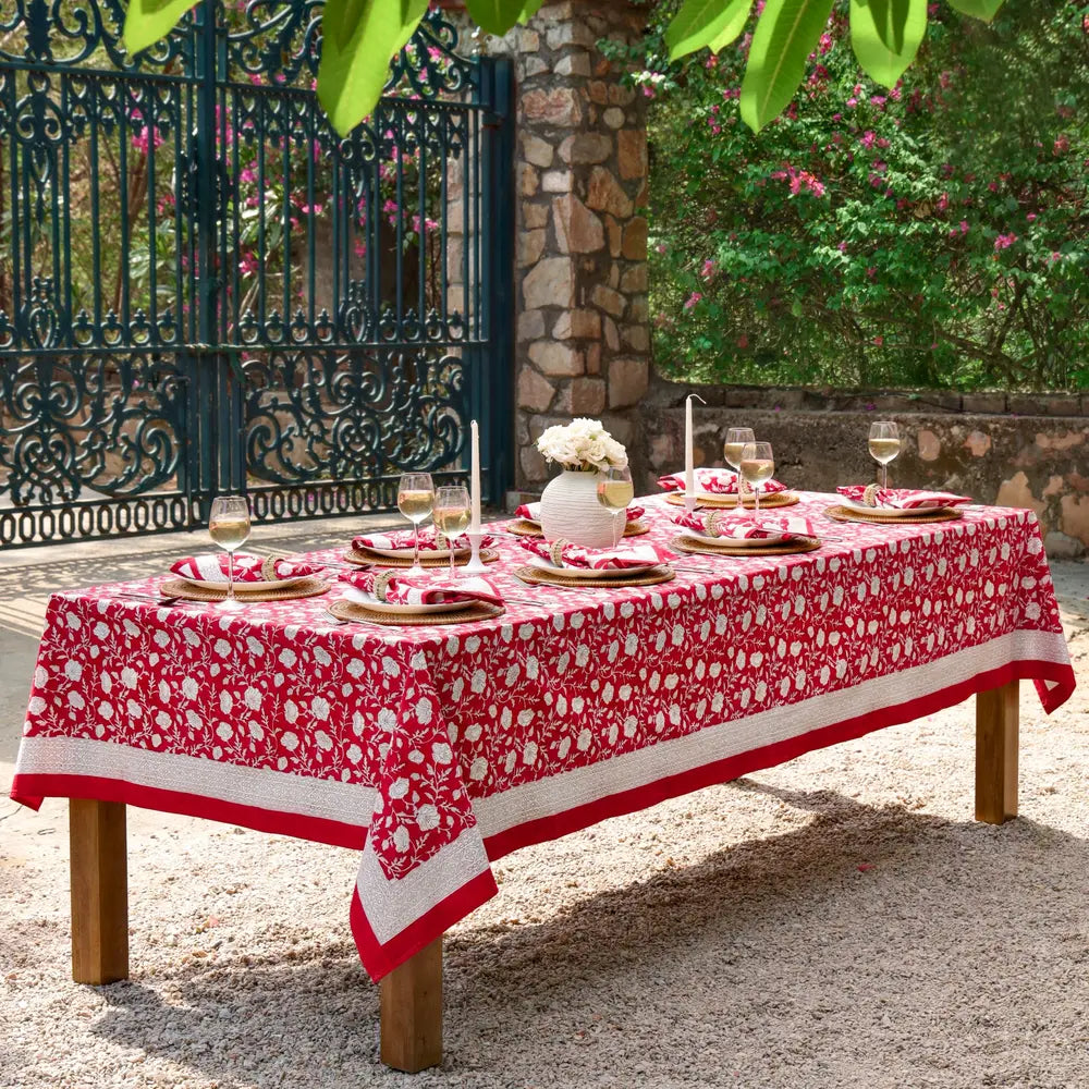 Garden Poppy Red block print tablecloth hand printed in India