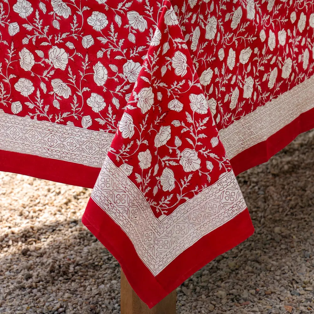 Garden Poppy Red block print tablecloth hand printed in India
