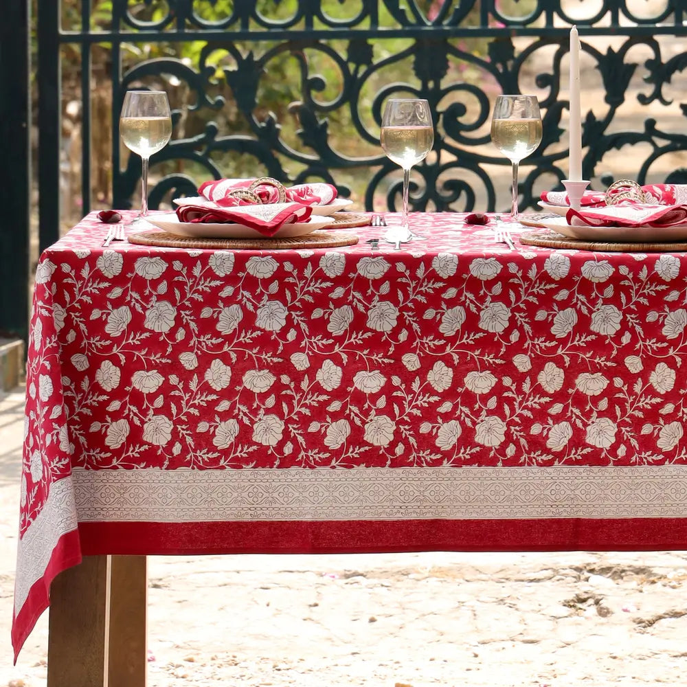 Garden Poppy Red block print tablecloth hand printed in India