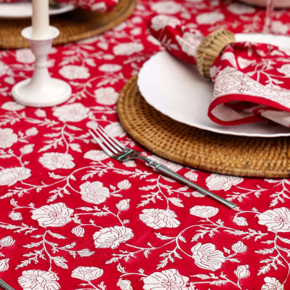 Garden Poppy Red block print tablecloth hand printed in India