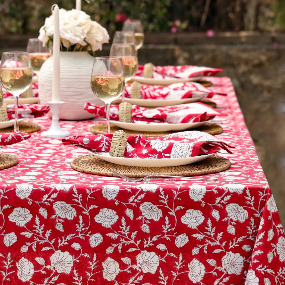 Garden Poppy Red block print tablecloth hand printed in India