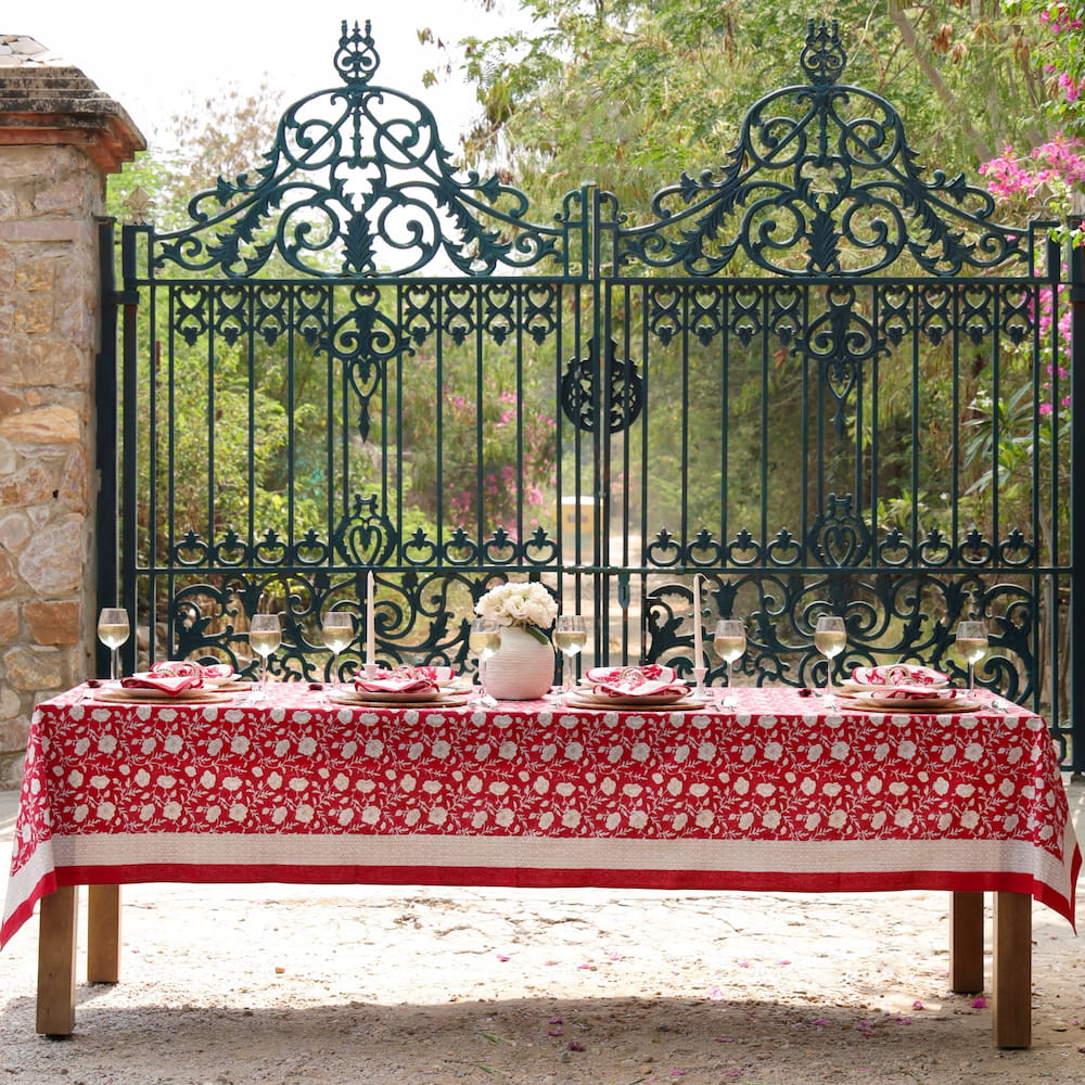Garden Poppy Red block print tablecloth hand printed in India