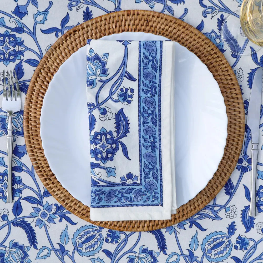 Heirloom Chintz Blue block print napkins set of 4 hand printed in India