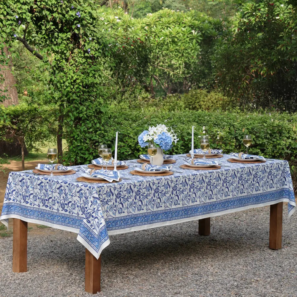 Heirloom Chintz Blue block print tablecloth hand printed in India