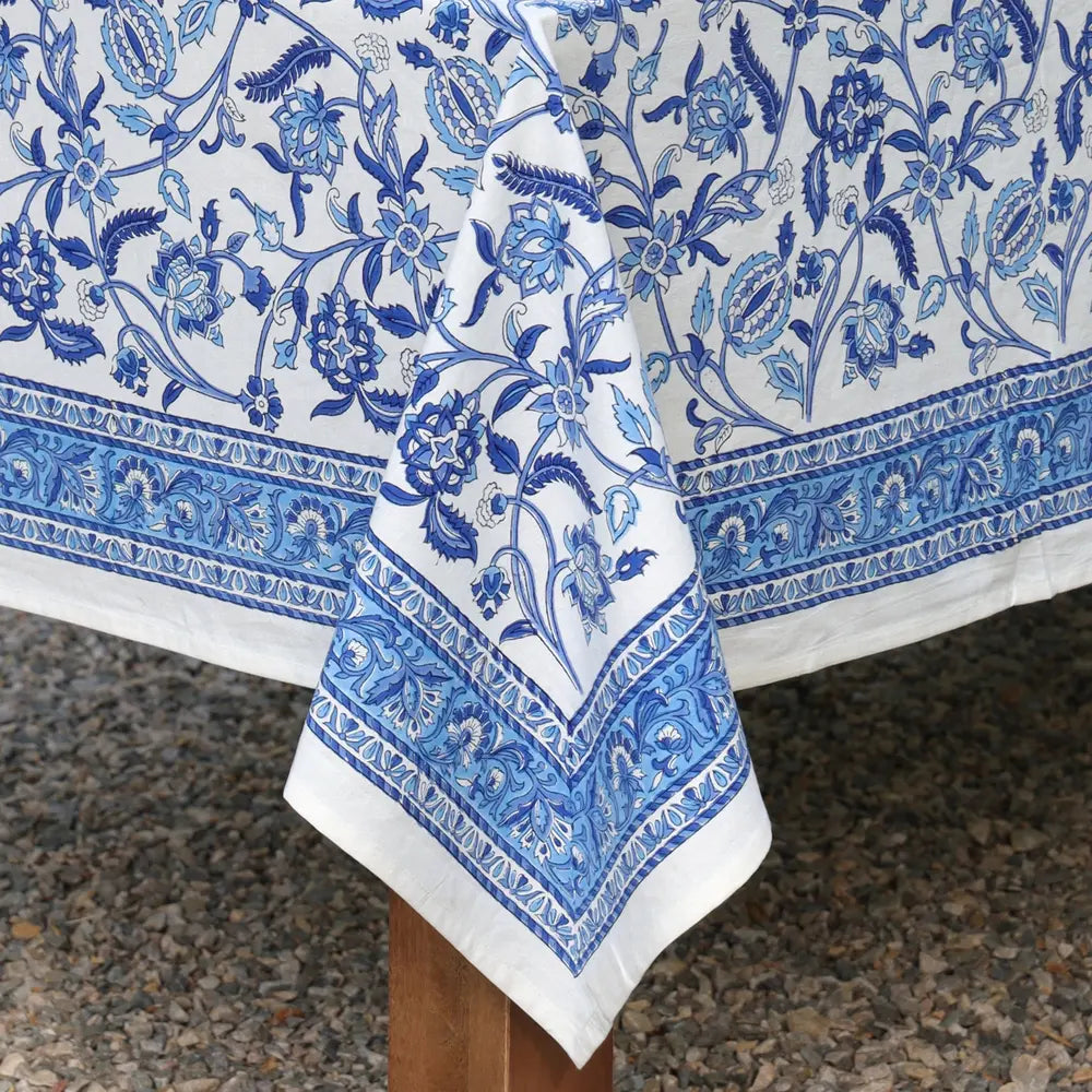 Heirloom Chintz Blue block print tablecloth hand printed in India