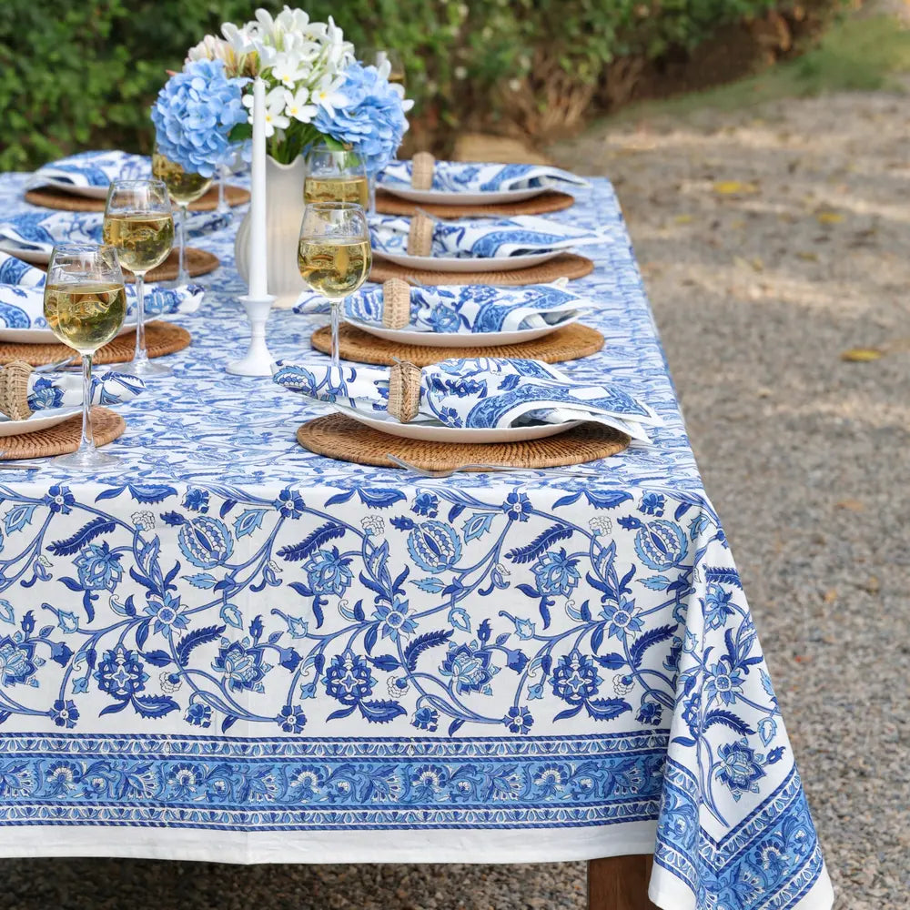 Heirloom Chintz Blue block print tablecloth hand printed in India