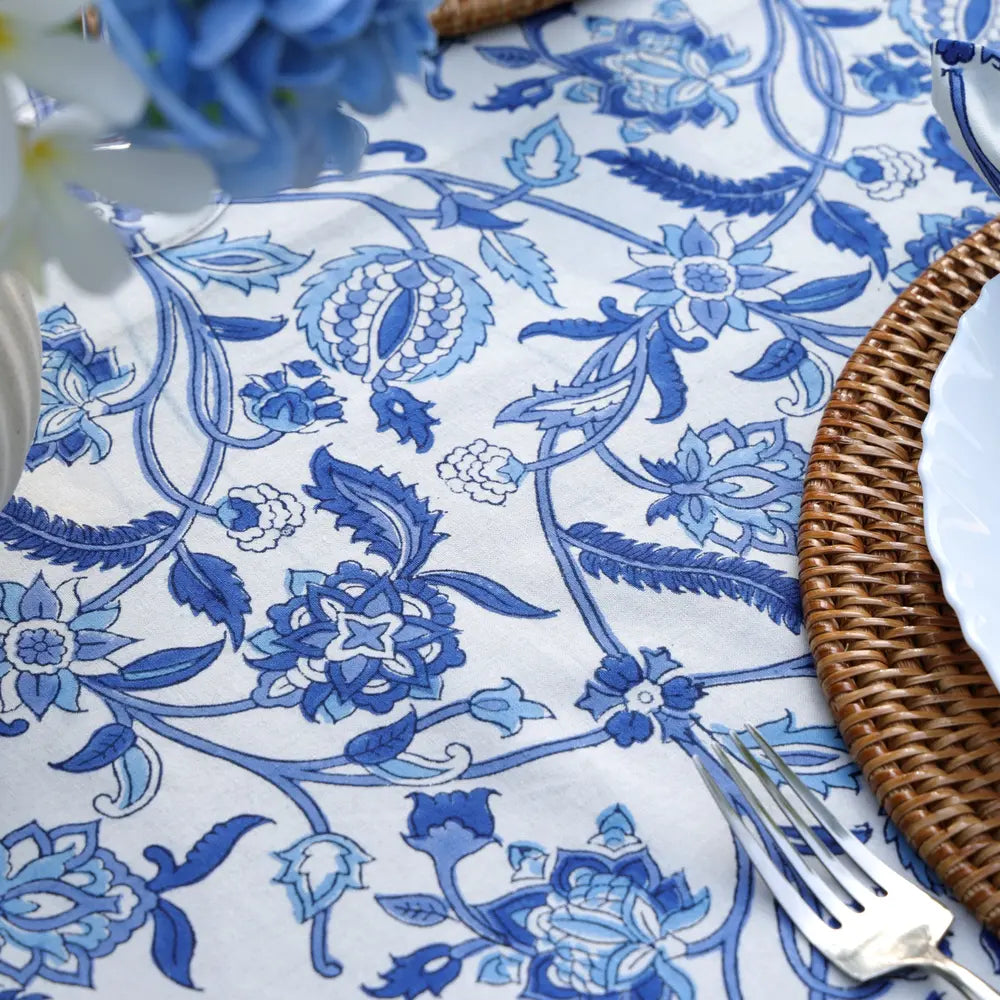 Heirloom Chintz Blue block print tablecloth hand printed in India
