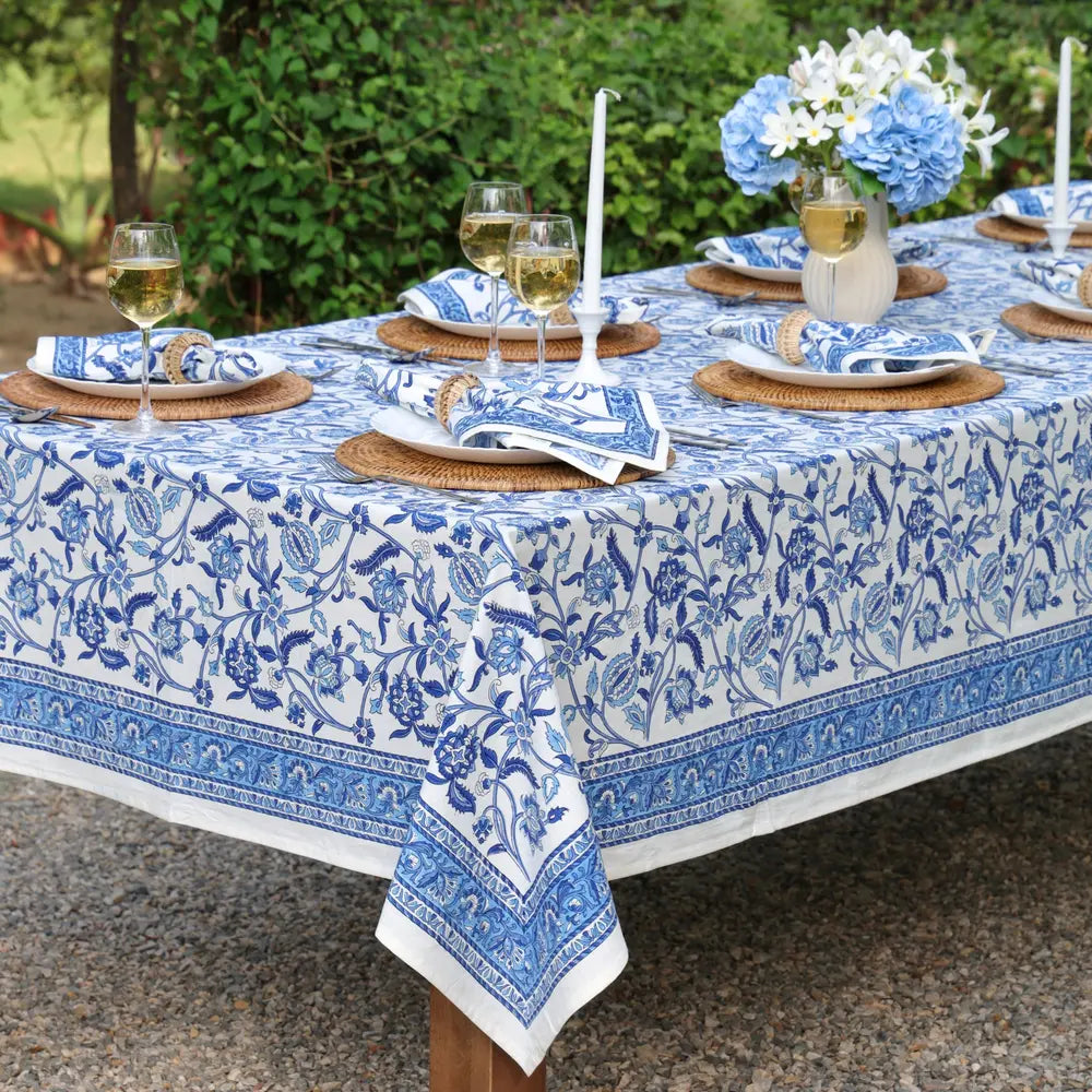 Heirloom Chintz Blue block print tablecloth hand printed in India