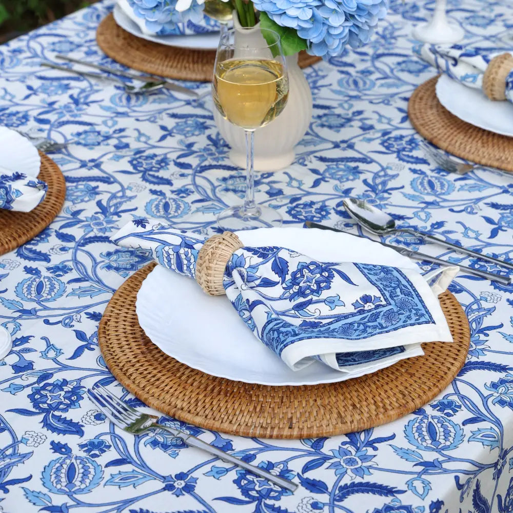 Heirloom Chintz Blue block print tablecloth hand printed in India