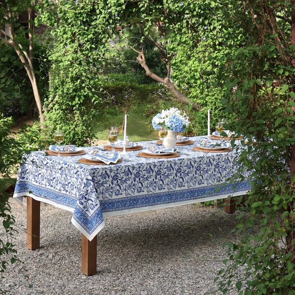 Heirloom Chintz Blue block print tablecloth hand printed in India