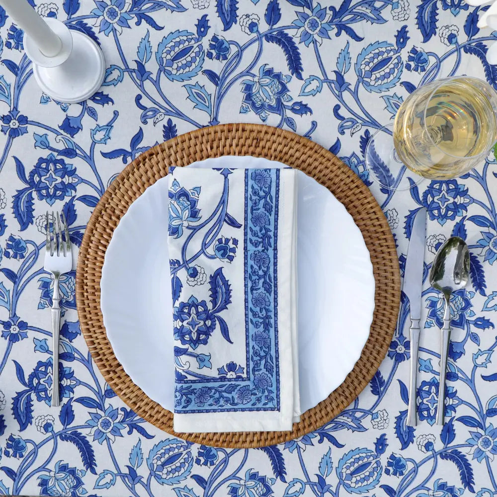Heirloom Chintz Blue block print tablecloth hand printed in India