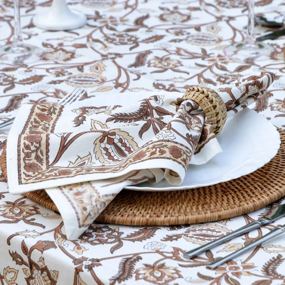 Heirloom Chintz Chestnut block print napkins set of 4 hand printed in India