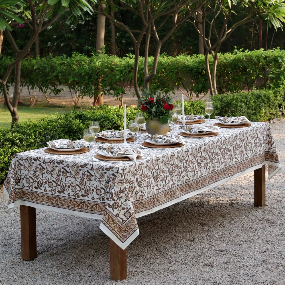 Heirloom Chintz Chestnut block print tablecloth hand printed in India