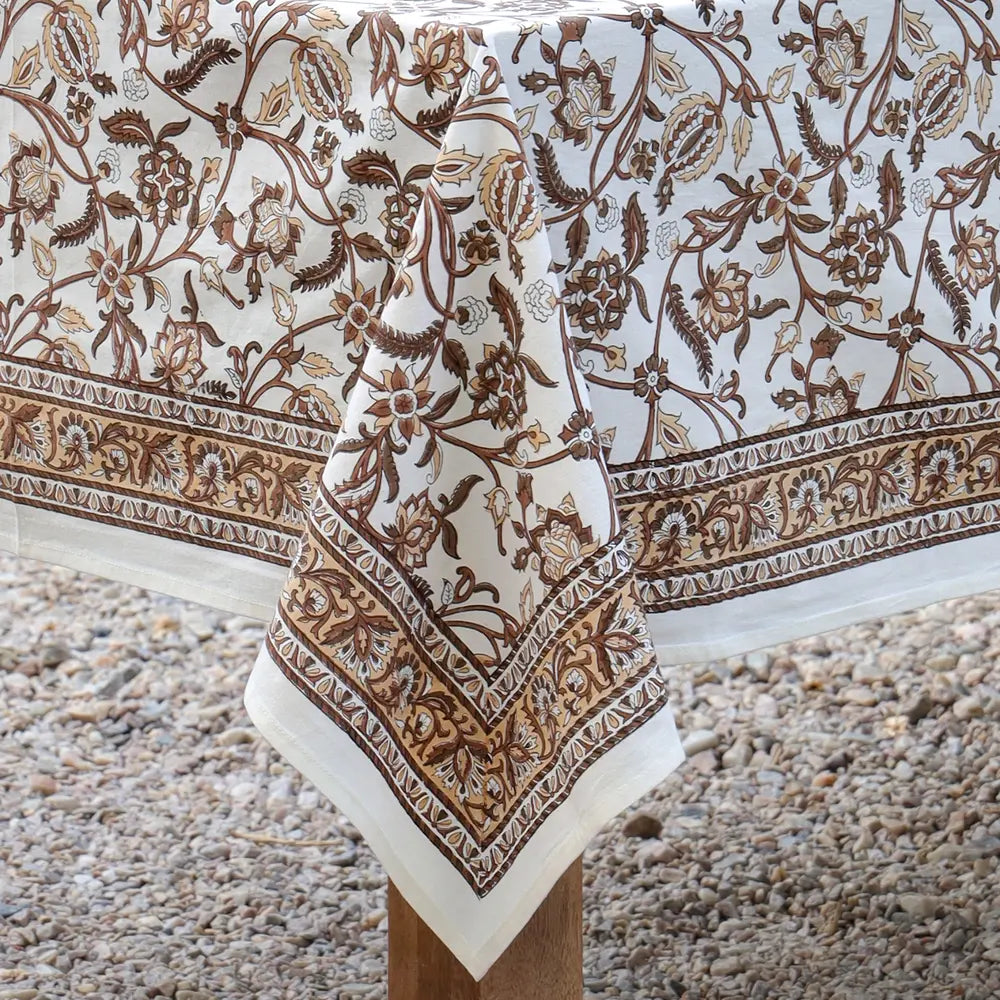 Close-up of Heirloom Chintz Chestnut block print tablecloth cotton border