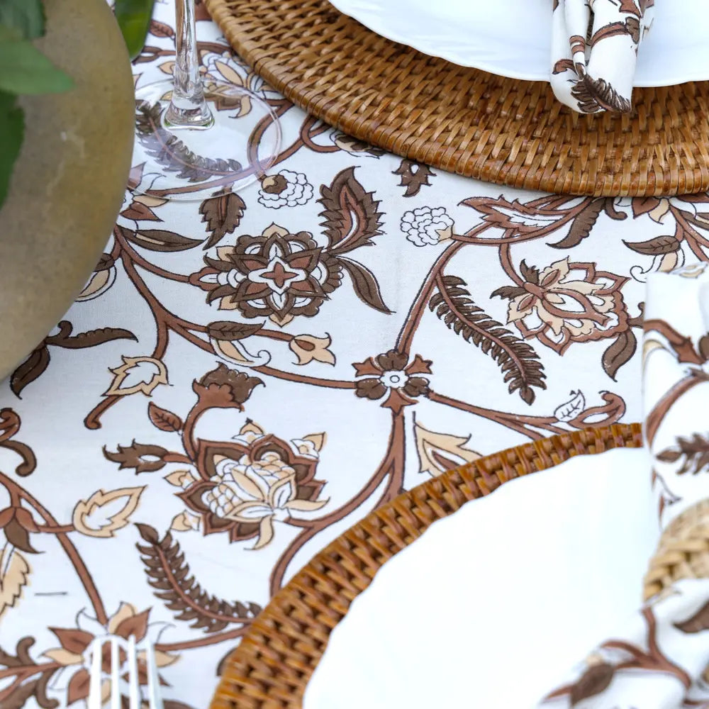 Heirloom Chintz Chestnut block print tablecloth hand printed in India