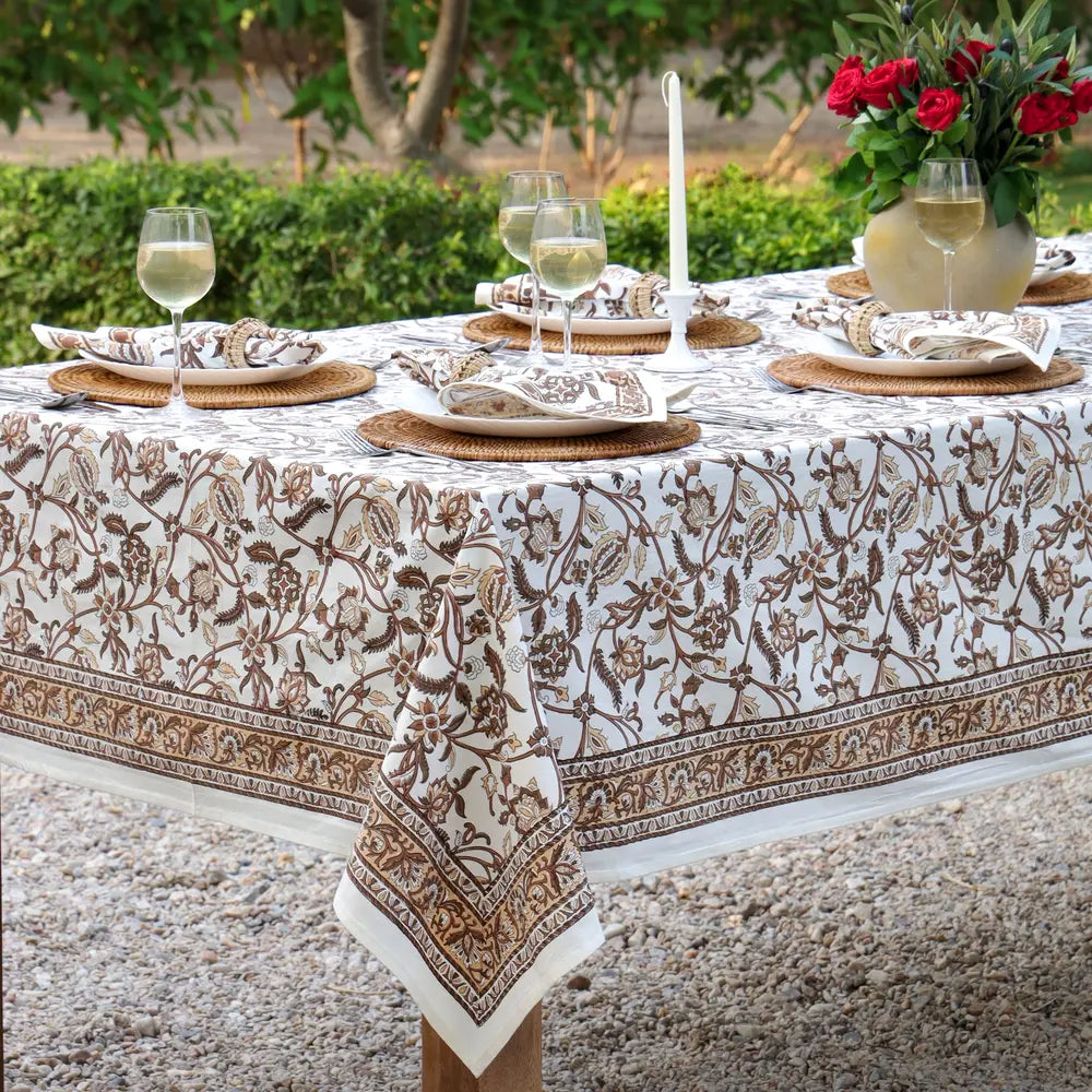 Heirloom Chintz Chestnut block print tablecloth hand printed in India