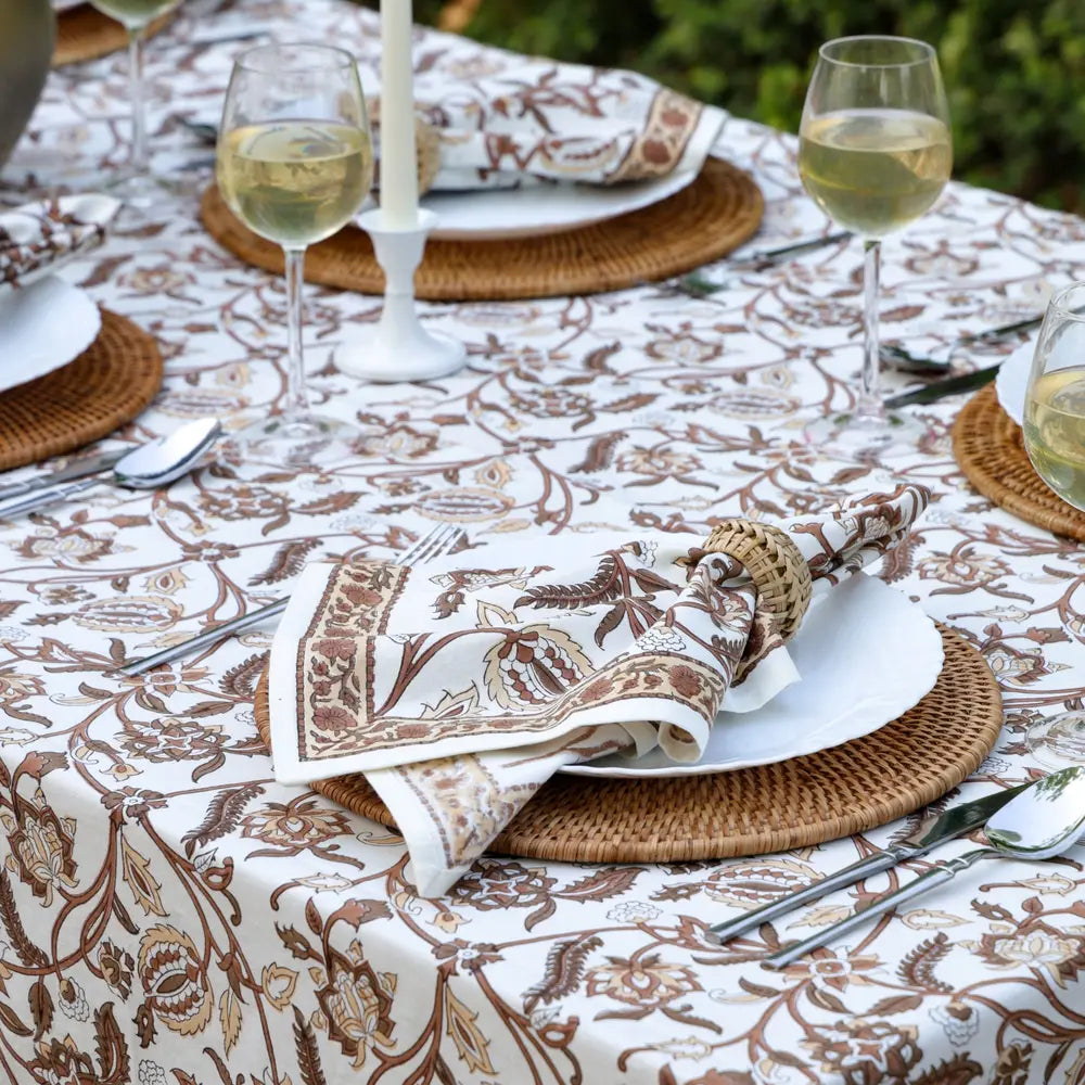 Heirloom Chintz Chestnut block print tablecloth hand printed in India