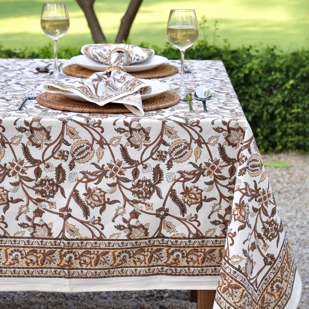 Heirloom Chintz Chestnut block print tablecloth hand printed in India
