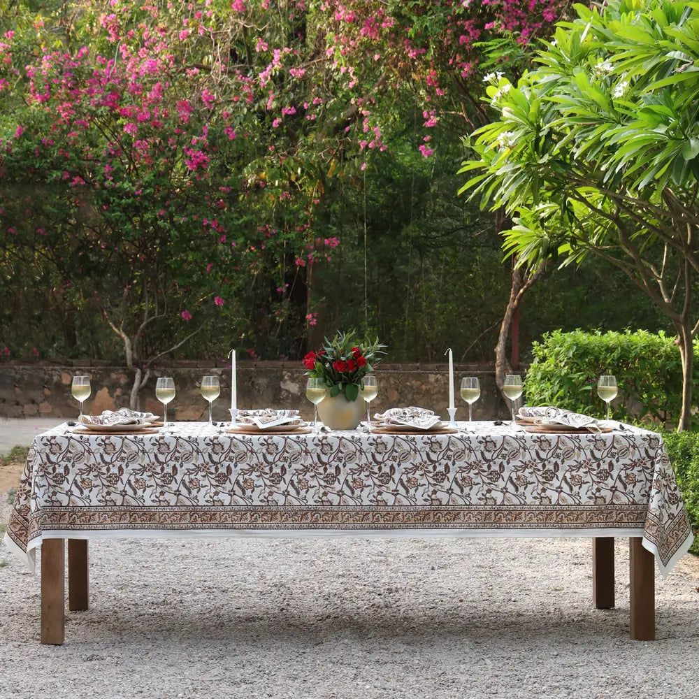 Heirloom Chintz Chestnut block print tablecloth hand printed in India