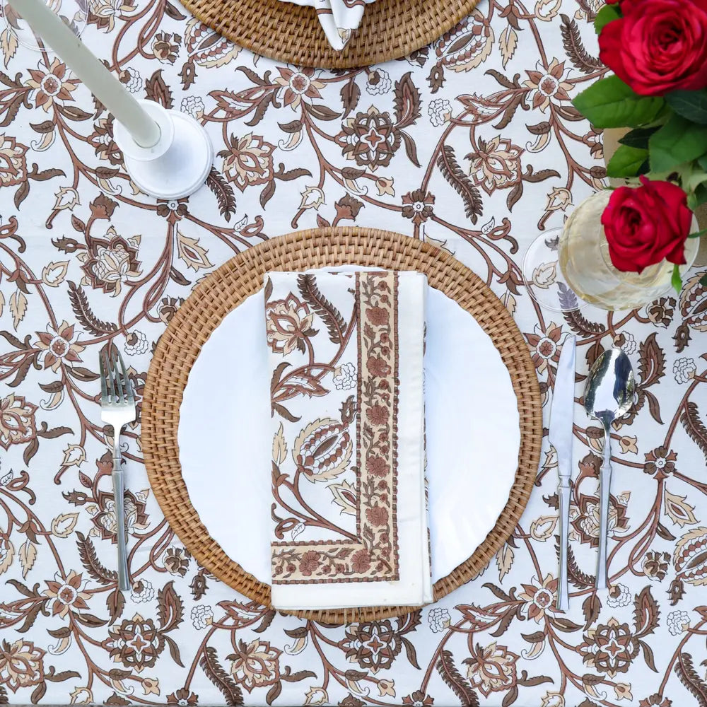 Heirloom Chintz Chestnut block print tablecloth hand printed in India
