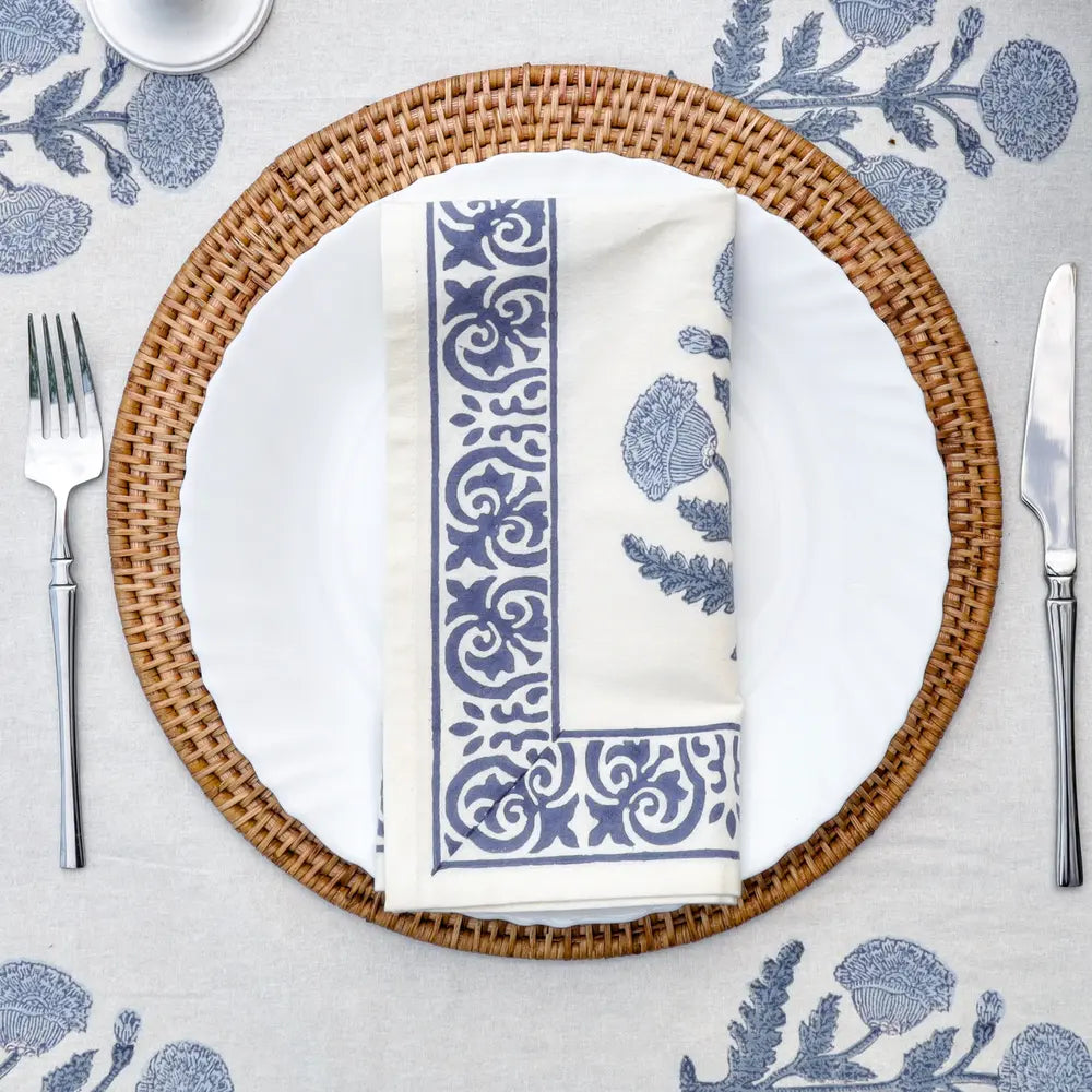 Heritage Poppy Blue block print napkins set of 4 hand printed in India