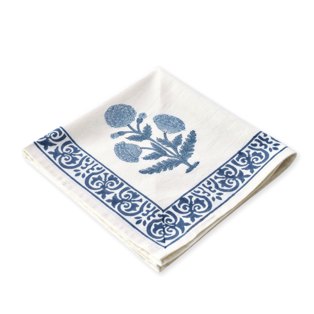Heritage Poppy Blue block print napkins set of 4 hand printed in India