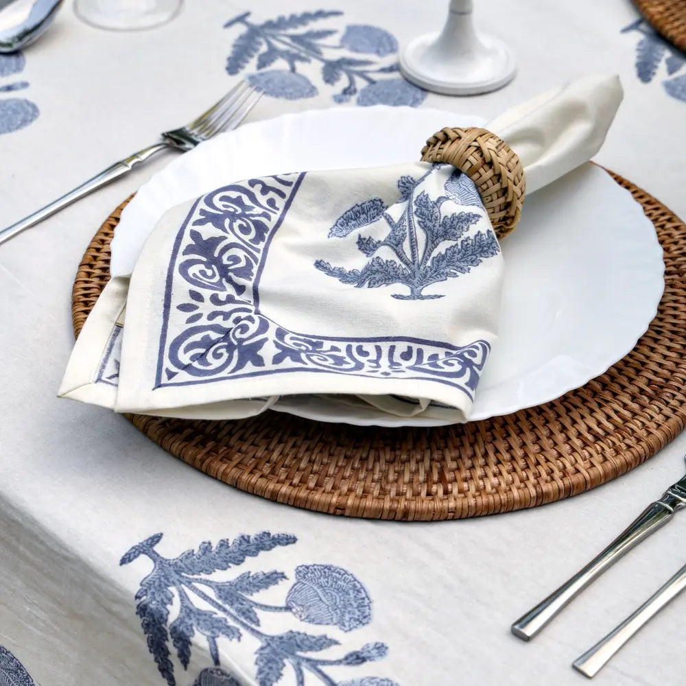 Heritage Poppy Blue block print napkins set of 4 hand printed in India