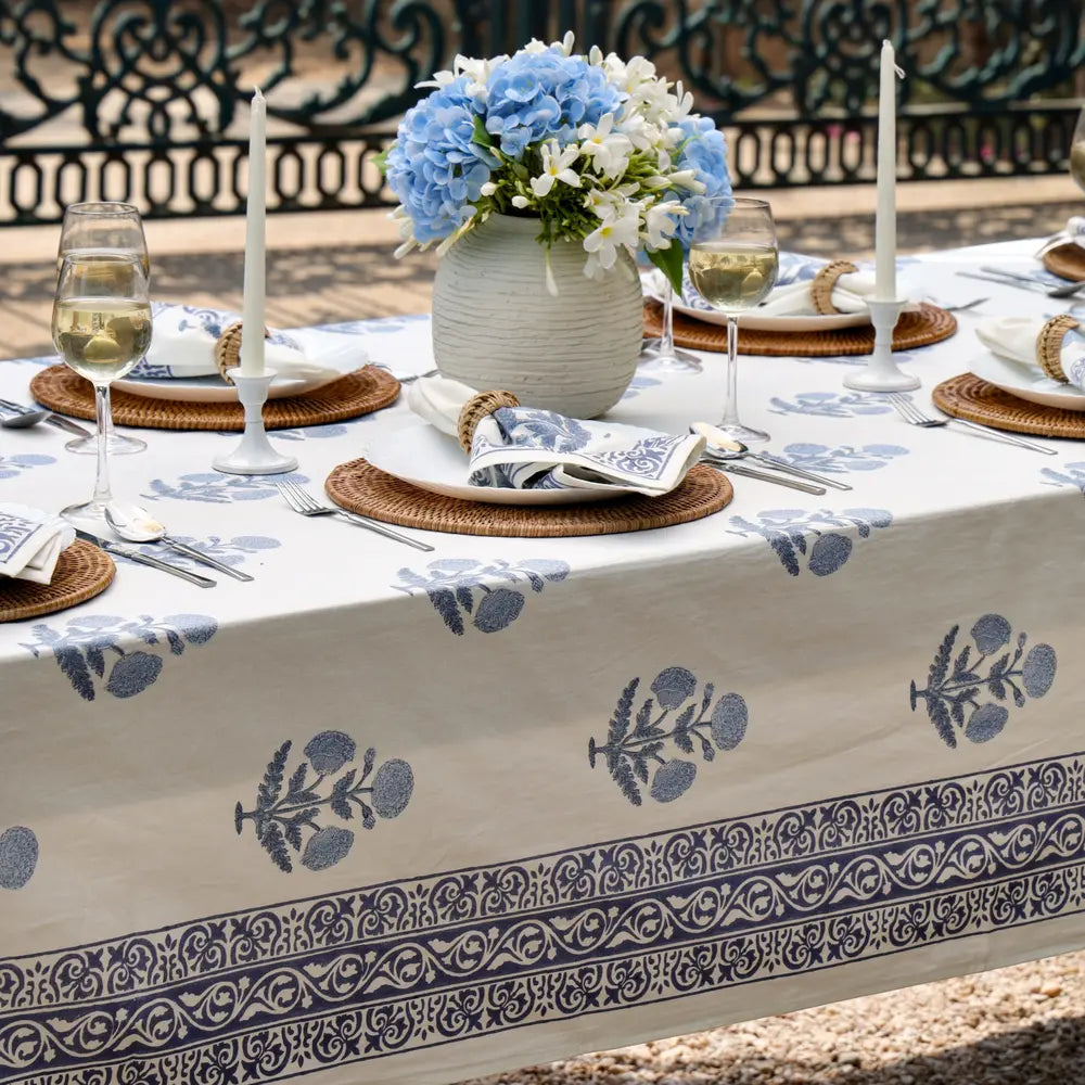 Heritage Poppy Blue block print napkins set of 4 hand printed in India
