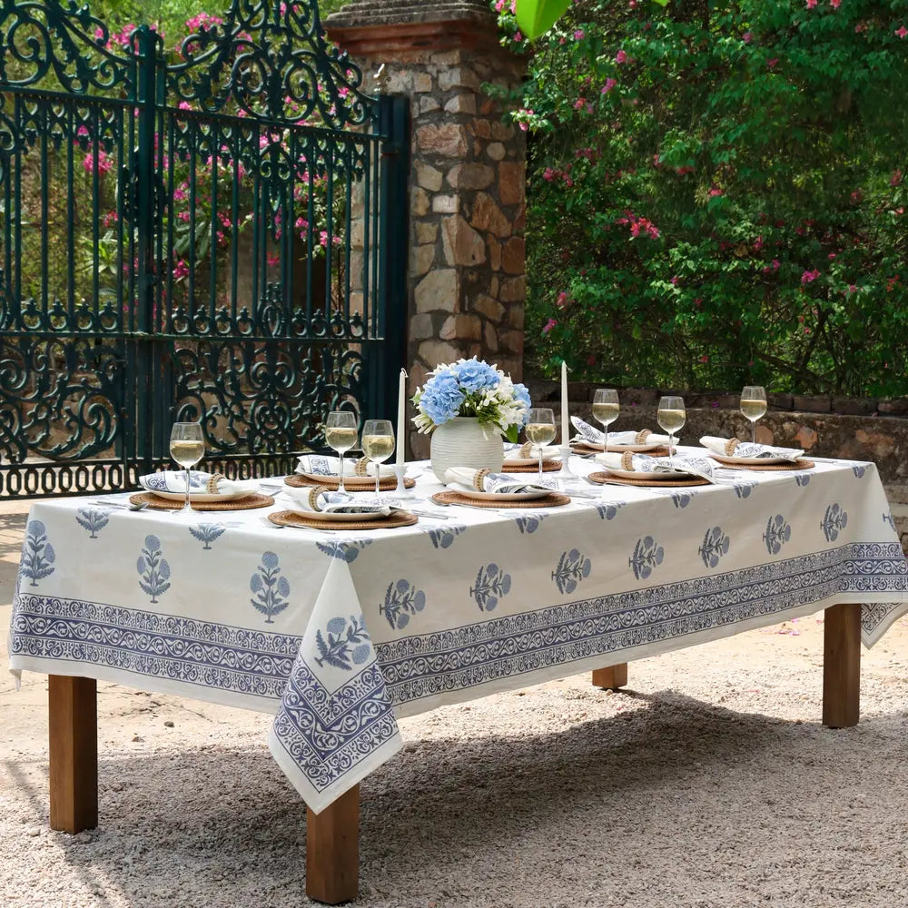 Heritage Poppy Blue block print tablecloth hand printed in India