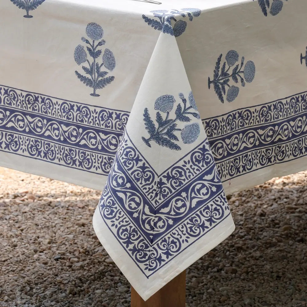 Close-up of Heritage Poppy Blue block print tablecloth cotton border