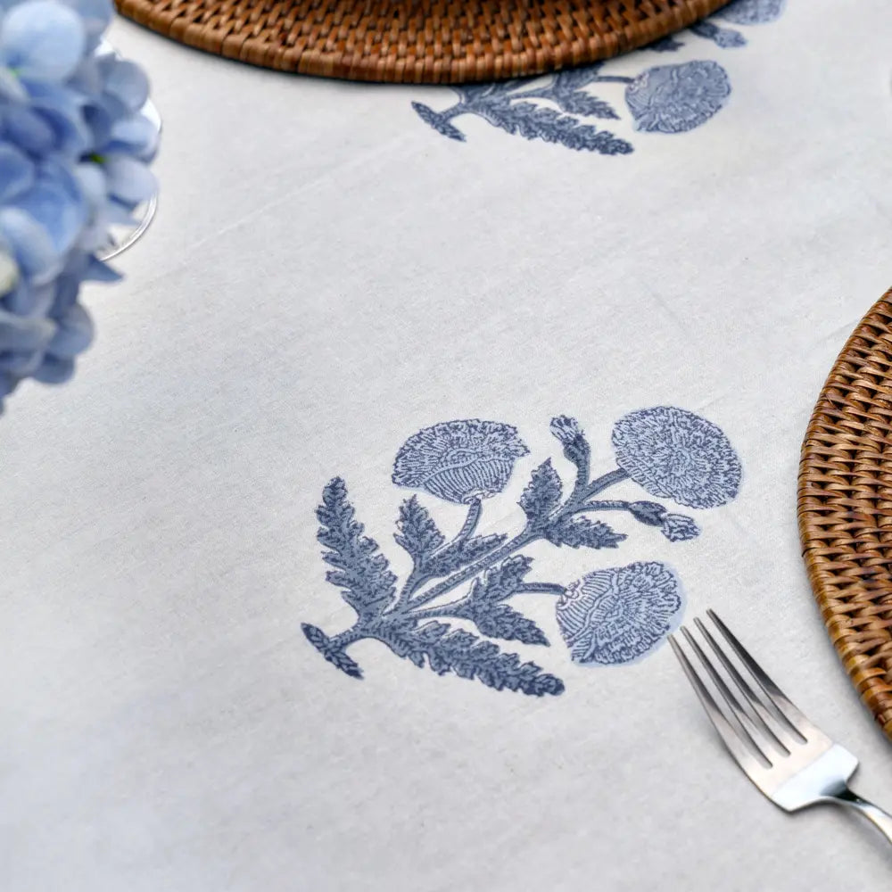 Heritage Poppy Blue block print tablecloth hand printed in India