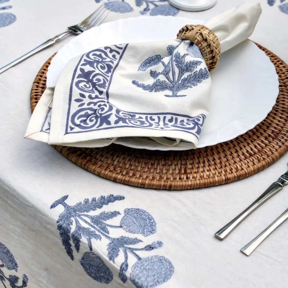 Heritage Poppy Blue block print tablecloth hand printed in India