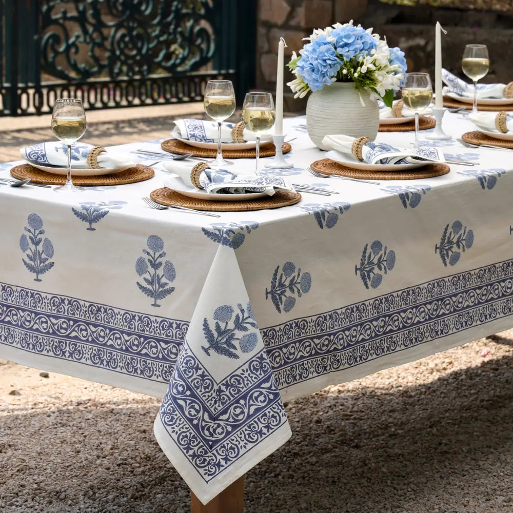 Heritage Poppy Blue block print tablecloth hand printed in India
