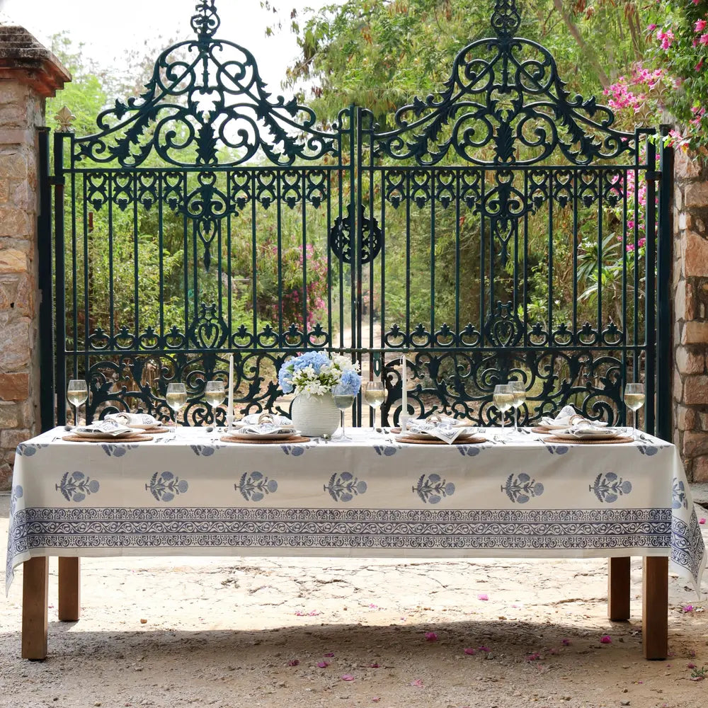 Heritage Poppy Blue block print tablecloth hand printed in India