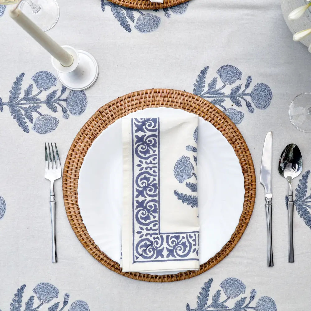 Heritage Poppy Blue block print tablecloth hand printed in India