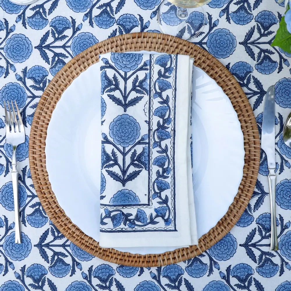 Marigold Dance Blue block print napkins set of 4 hand printed in India