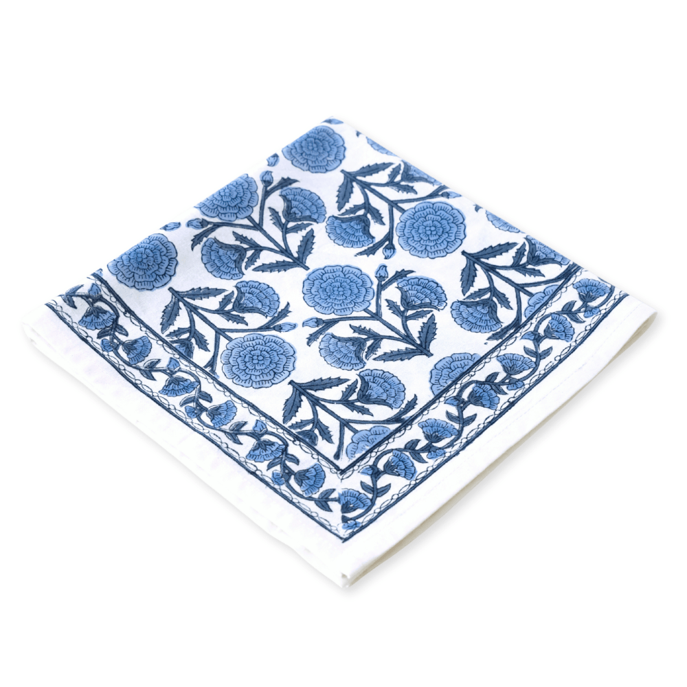 Marigold Dance Blue block print napkins set of 4 hand printed in India