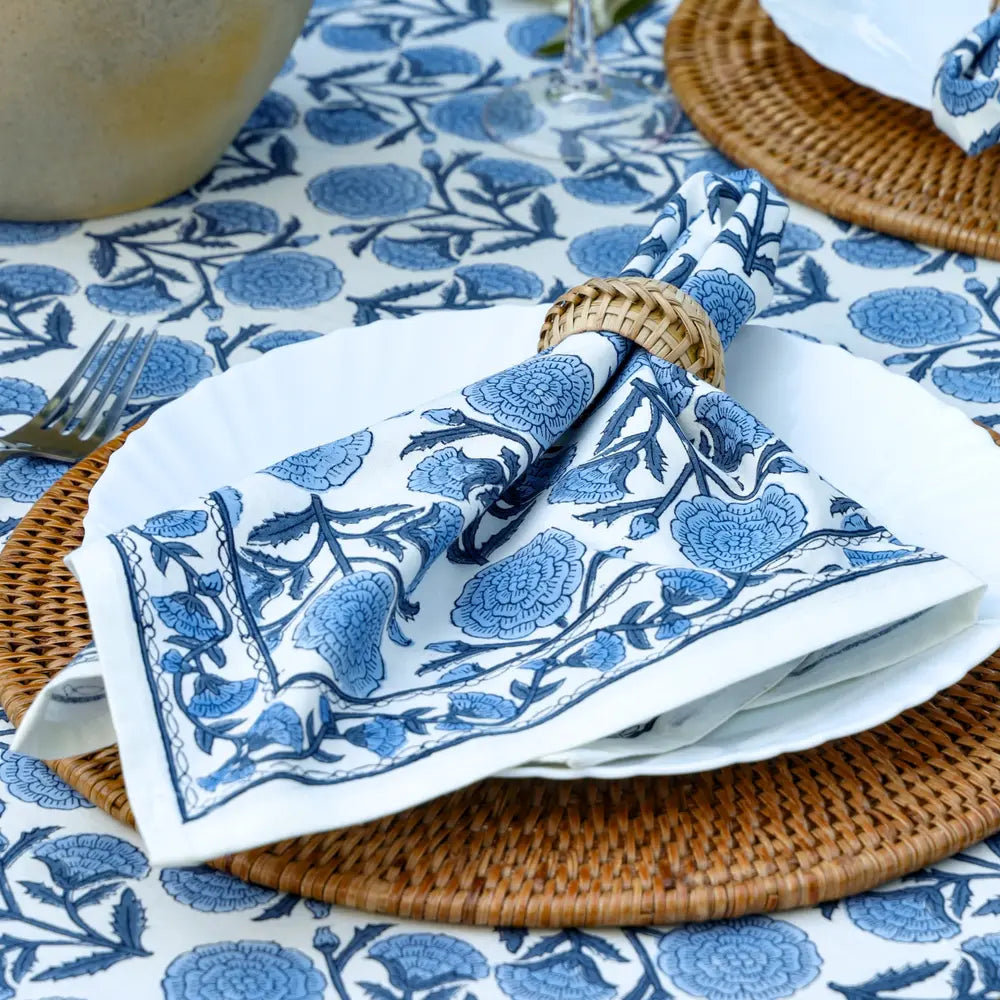 Marigold Dance Blue block print napkins set of 4 hand printed in India