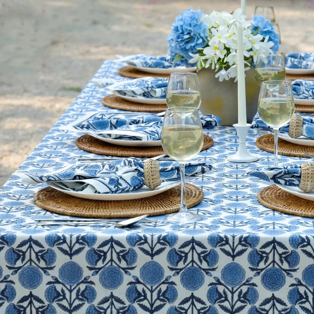 Marigold Dance Blue block print napkins set of 4 hand printed in India