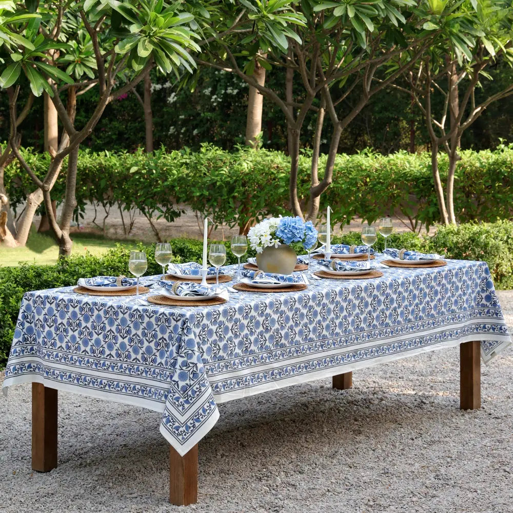 Marigold Dance Blue block print tablecloth hand printed in India