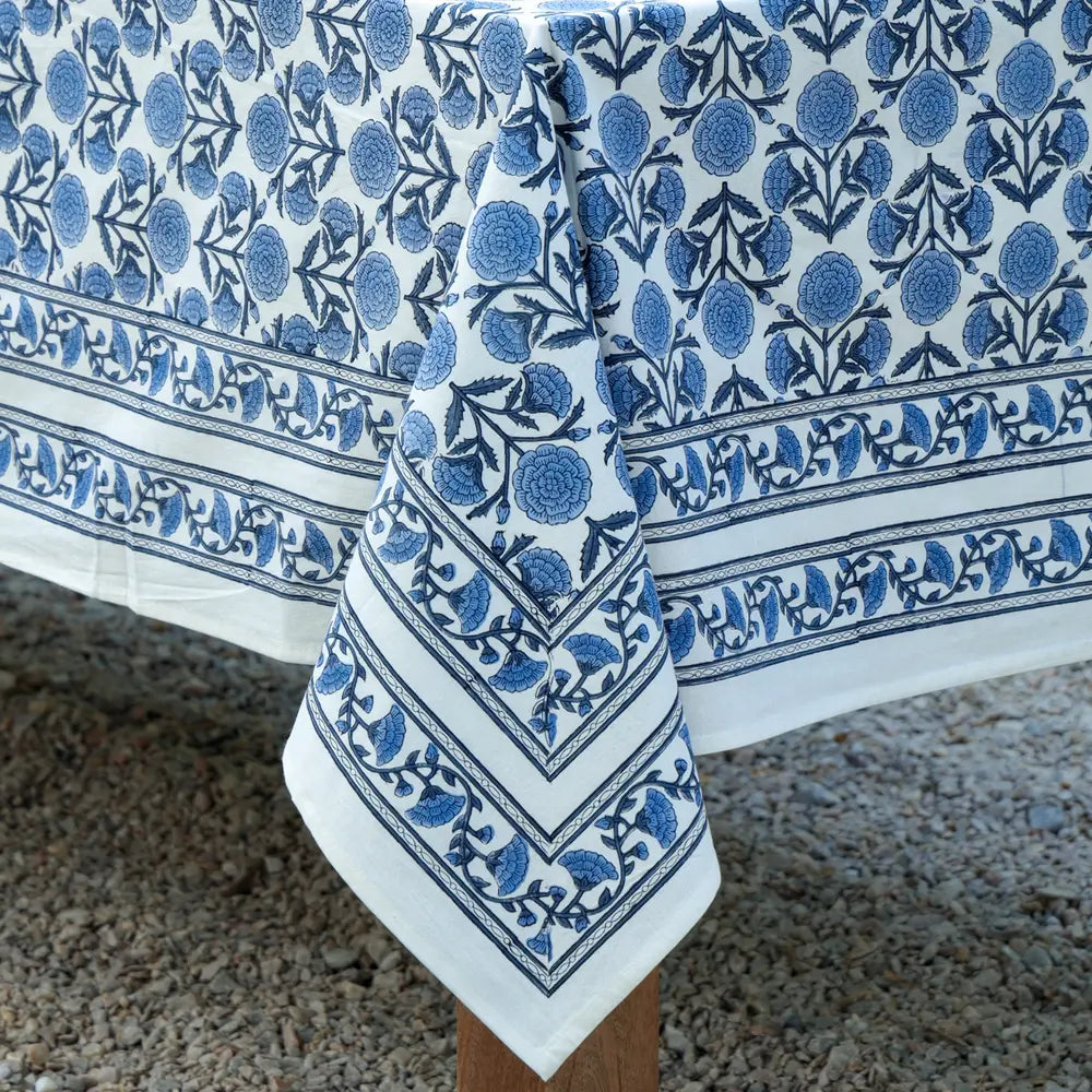 Close-up of Marigold Dance Blue block print tablecloth cotton border