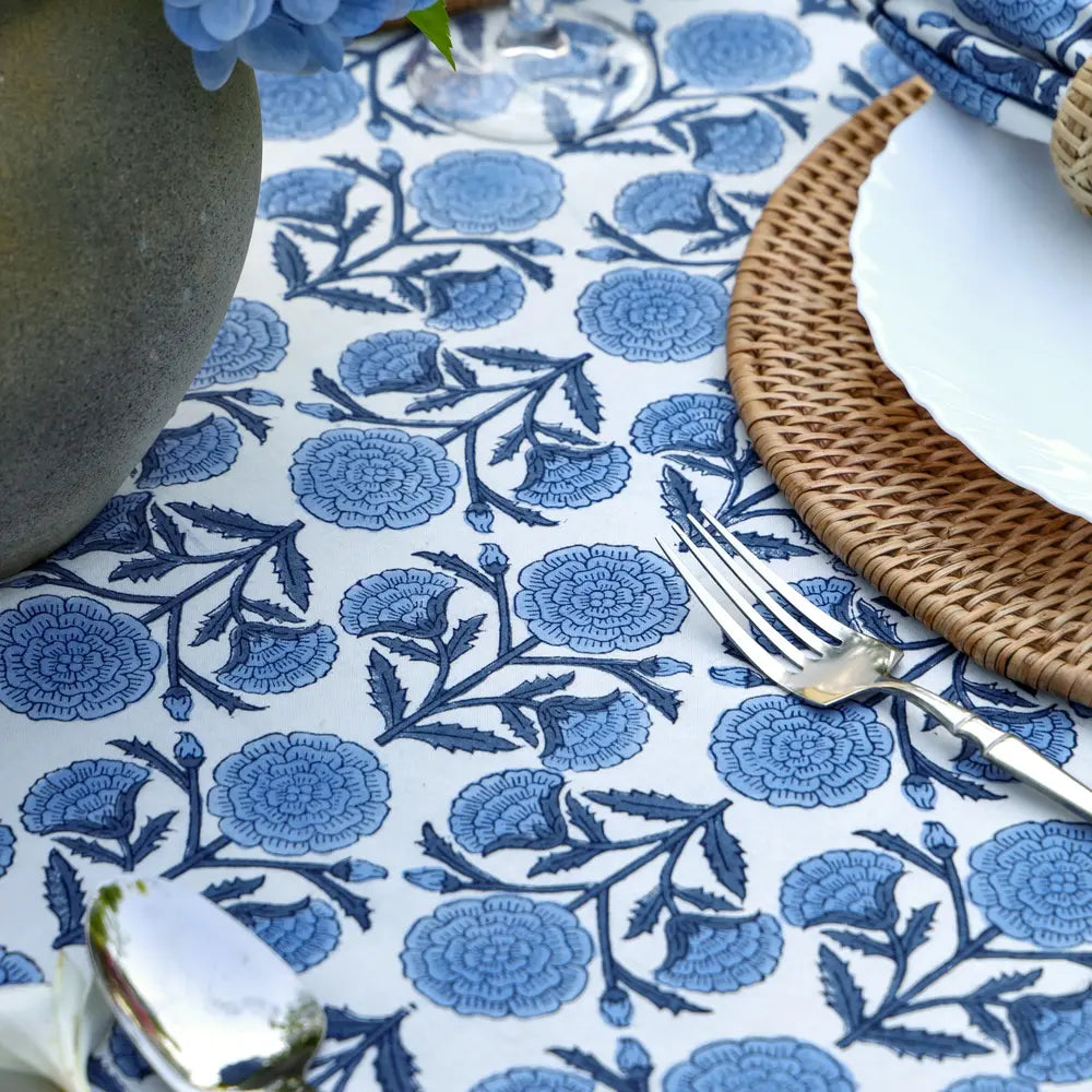 Marigold Dance Blue block print tablecloth hand printed in India