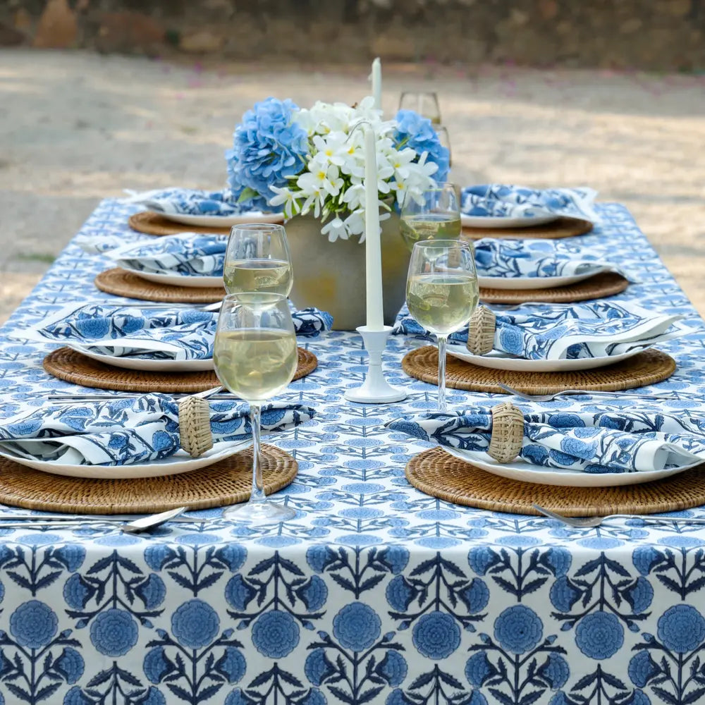 Marigold Dance Blue block print tablecloth hand printed in India