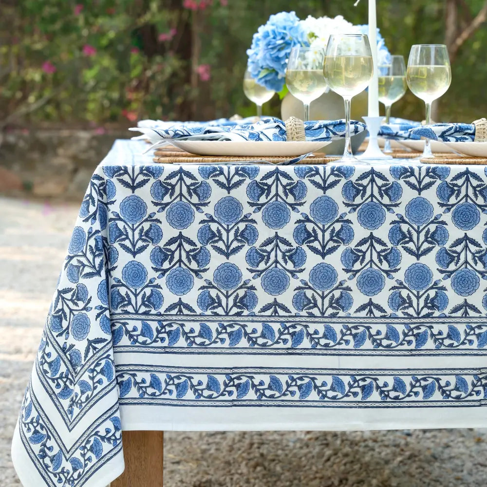 Marigold Dance Blue block print tablecloth hand printed in India