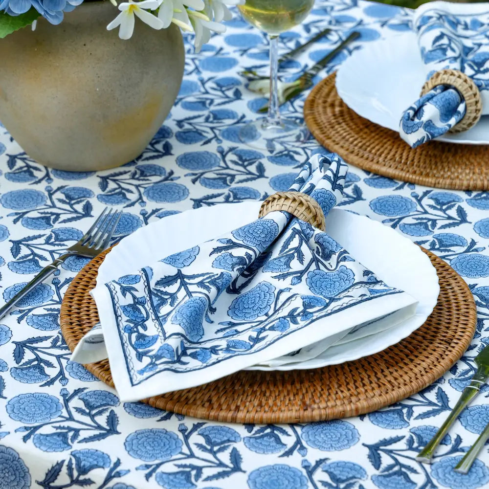 Marigold Dance Blue block print tablecloth hand printed in India