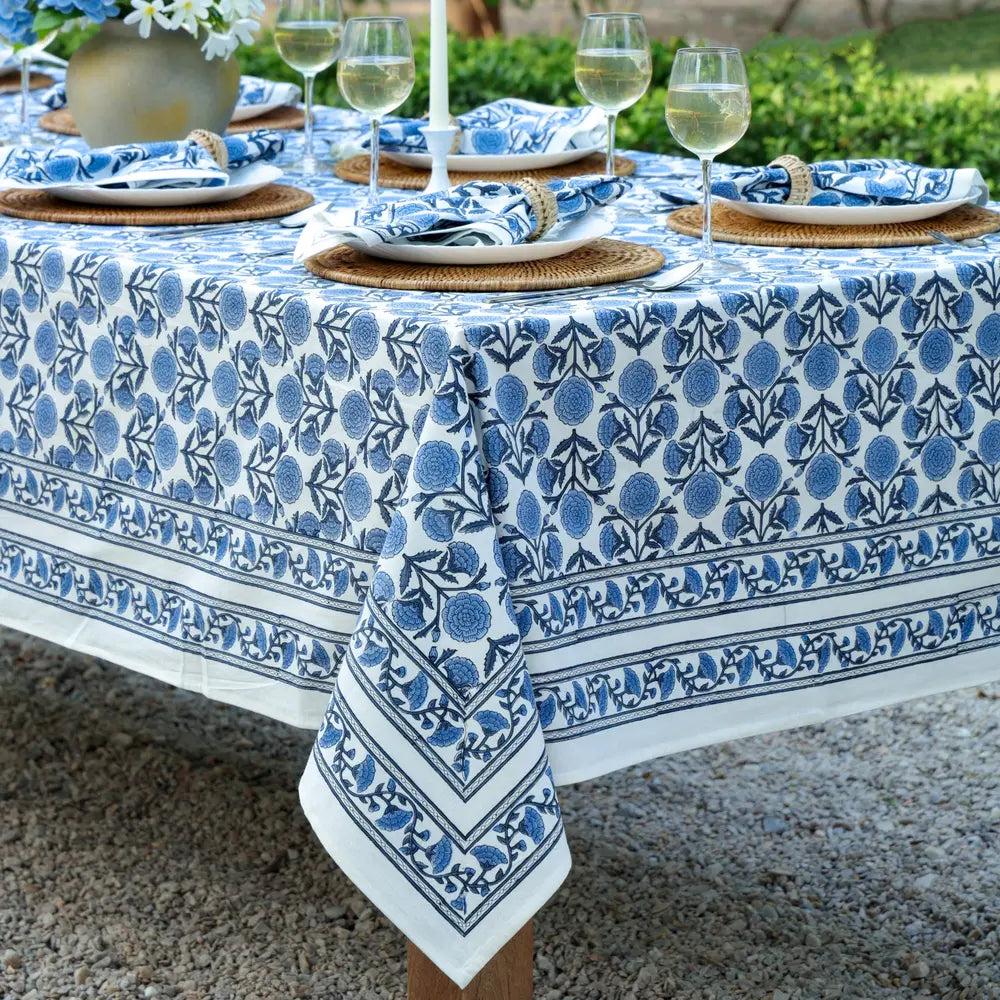 Marigold Dance Blue block print tablecloth hand printed in India