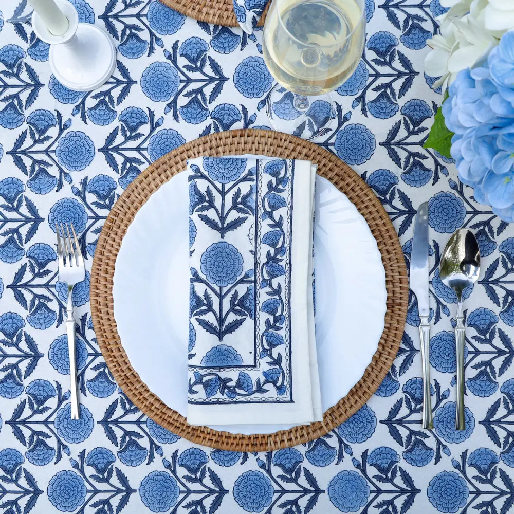 Marigold Dance Blue block print tablecloth hand printed in India