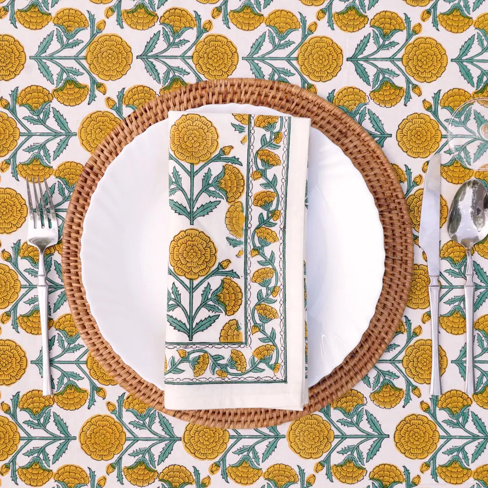 Marigold Dance Honey Gold/Ivy block print napkins set of 4 hand printed in India