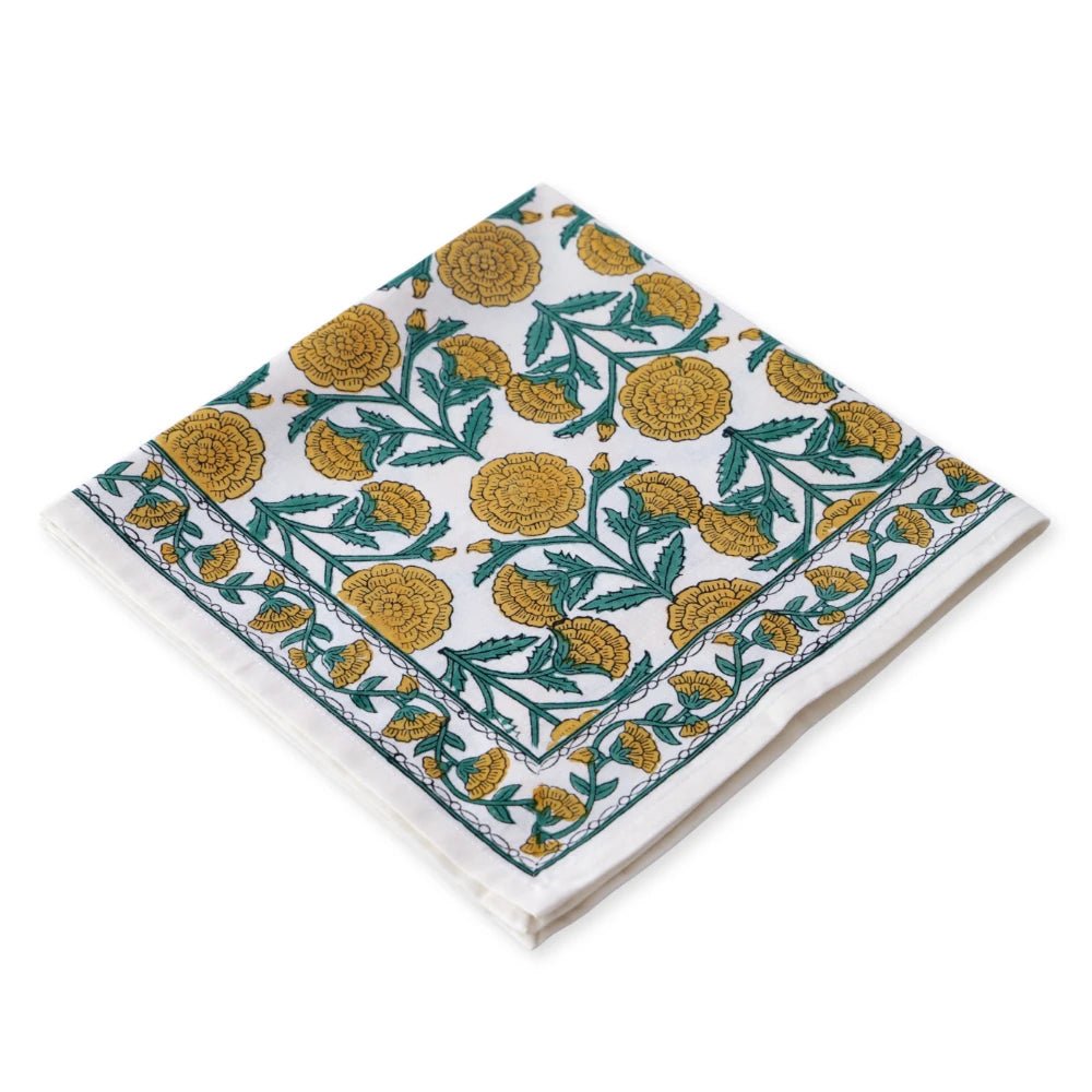 Marigold Dance Honey Gold/Ivy block print napkins set of 4 hand printed in India