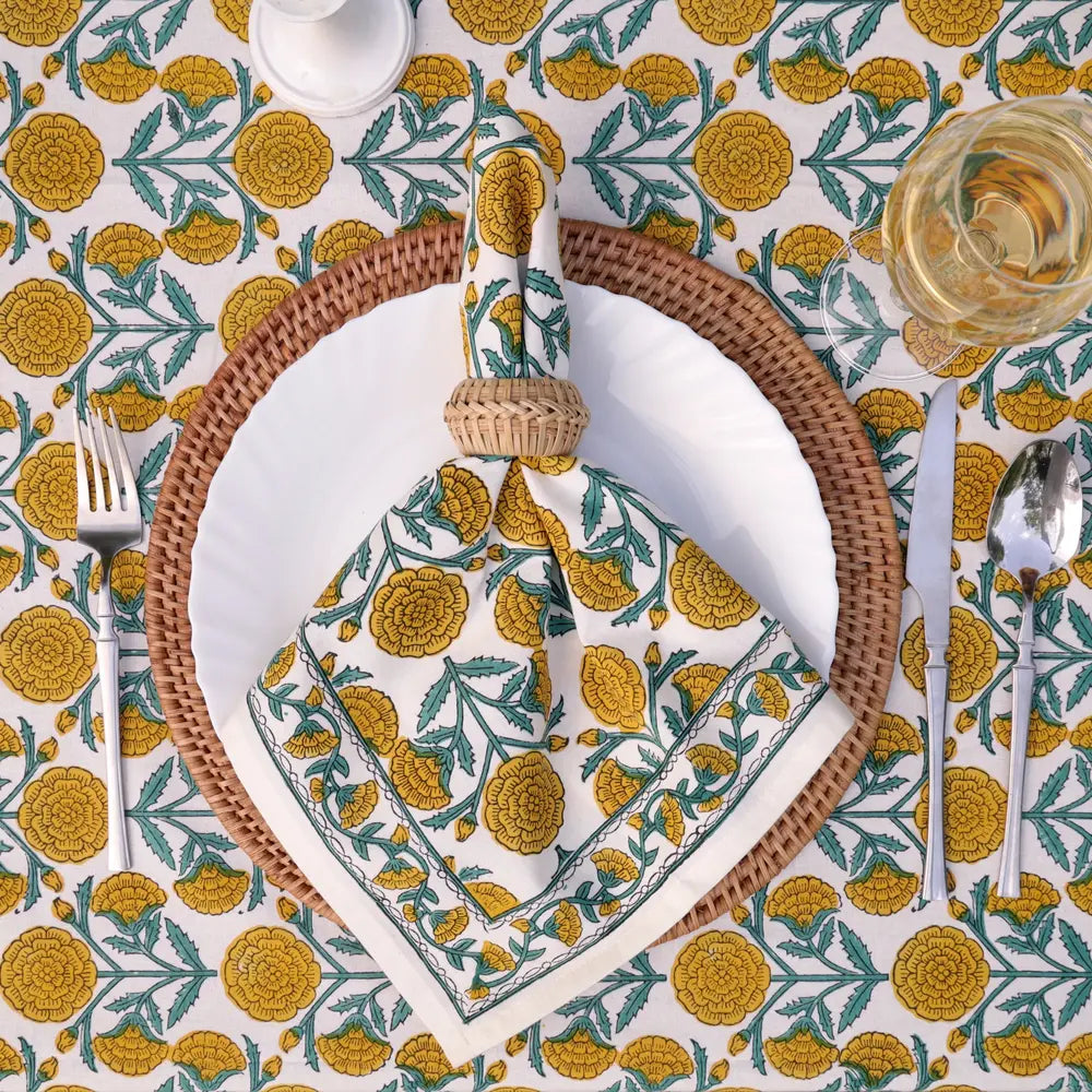 Marigold Dance Honey Gold/Ivy block print napkins set of 4 hand printed in India